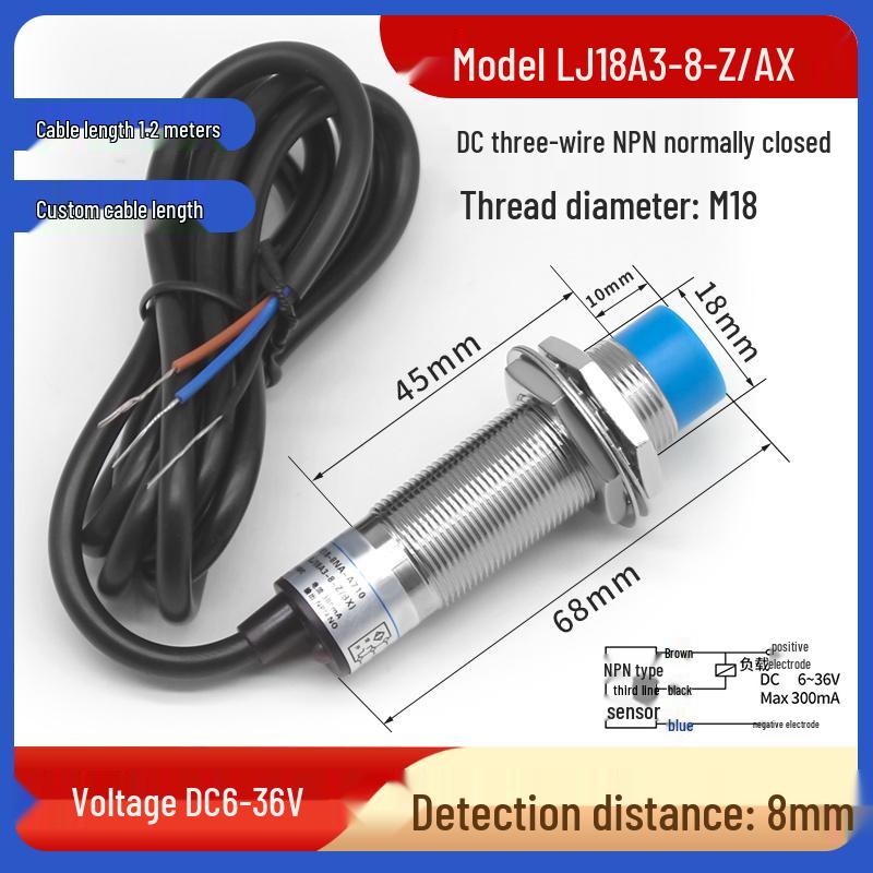 M18 Metal Sensor Proximity Switch - LJ18A3 Series, NPN, Normally Open, Three-wire