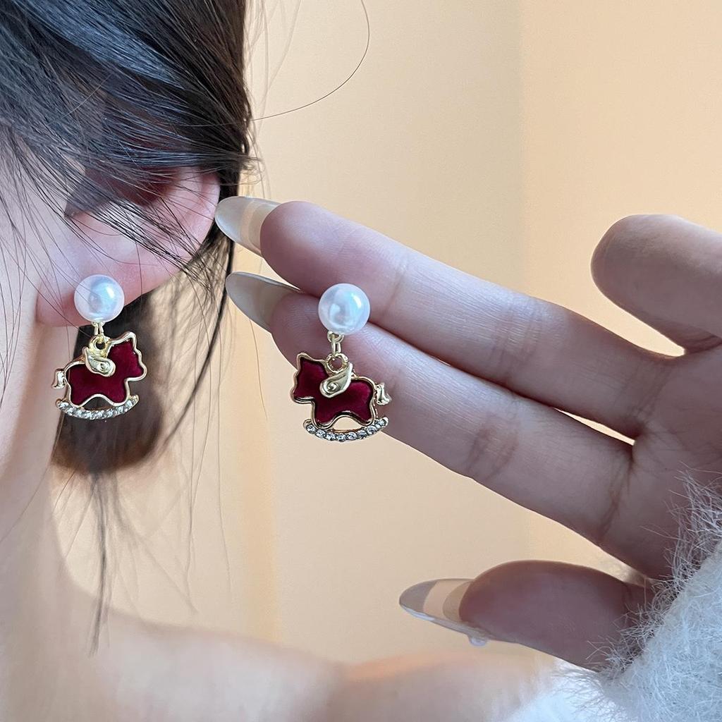 Year of the Horse 925 Sterling Silver Diamond Enamel Stud Earrings with Pearls - Retro High-End Design