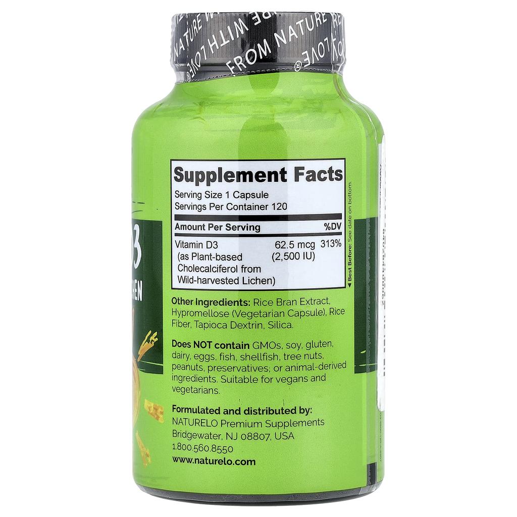 NATURELO Vitamin D3, 62.5 Mcg (2,500 IU), 120 Easy-to-Swallow Capsules