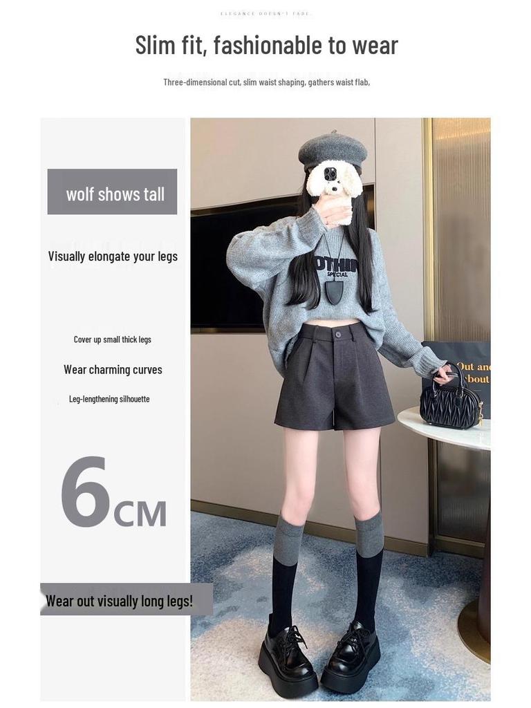 Plus Size Women's Black Wool Wide-Leg High-Waisted A-Line Shorts for Fall/Winter
