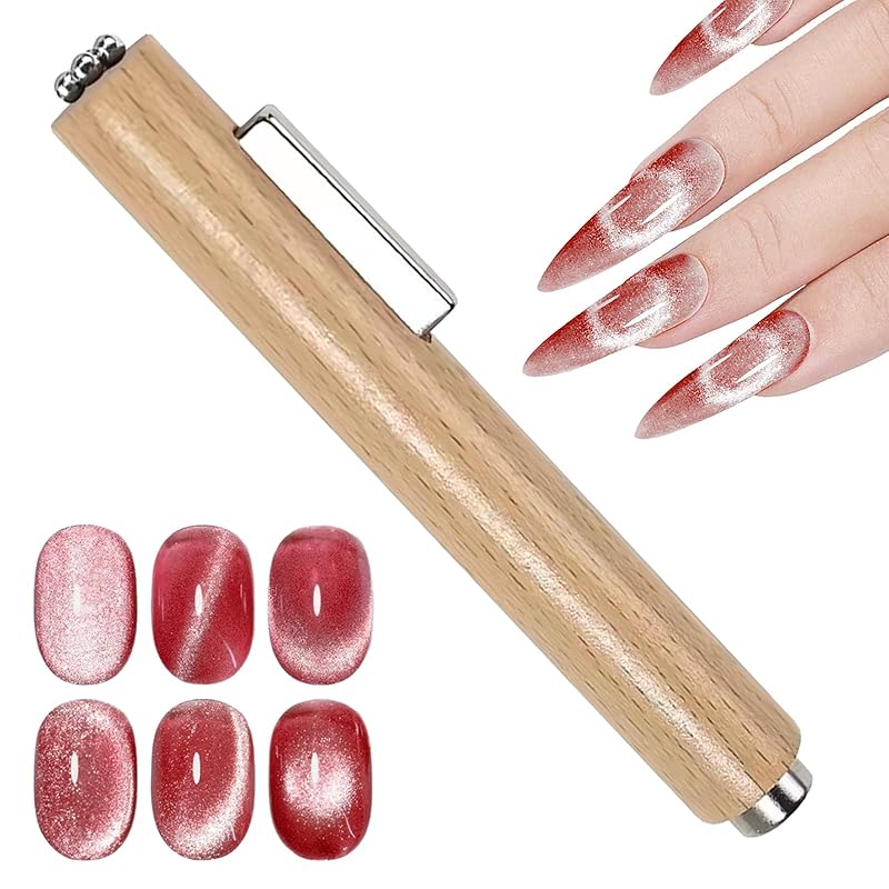 JERCLITY 1 Piece Wooden Handle Cat Eye Magnet for Nails 3 in 1 Cylindrical Nail Art Magnet Powerful Multifunctional Nail Art Magnet for Cat Eye Gel
