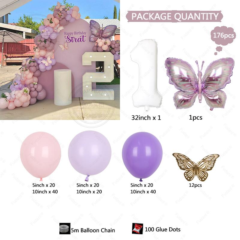 176pcs Purple Butterfly Wedding Birthday Balloon Arch Set with White Number Foil Ball for Adult Child Baby Shower Decor Balloons