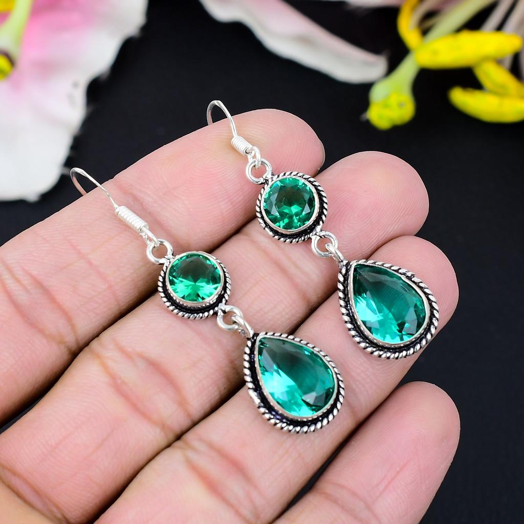 Green Tourmaline Gemstone Handmade 925 Sterling Silver Earring 2.56" KG-427