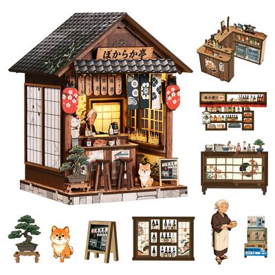 Pixie Curio DIY Puppenhaus Bausatz Miniaturhaus Bücherregal Nische Bausatz Japanischer Stil Hokaraka-tei Izakaya mit LED-Lichtern und Farbanleitung AnfängerErwachsener