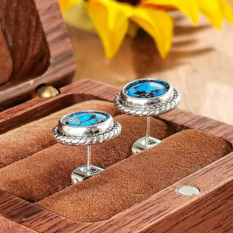 Turquoise composite earrings, Bohemian woven border round women's stone earrings, Western casual jewelry gifts