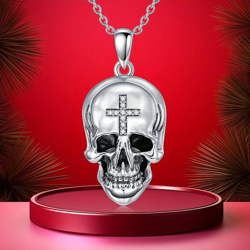 New Human Face Skull Cross Pendant Halloween Punk Hip Hop Gift Necklace 60CM