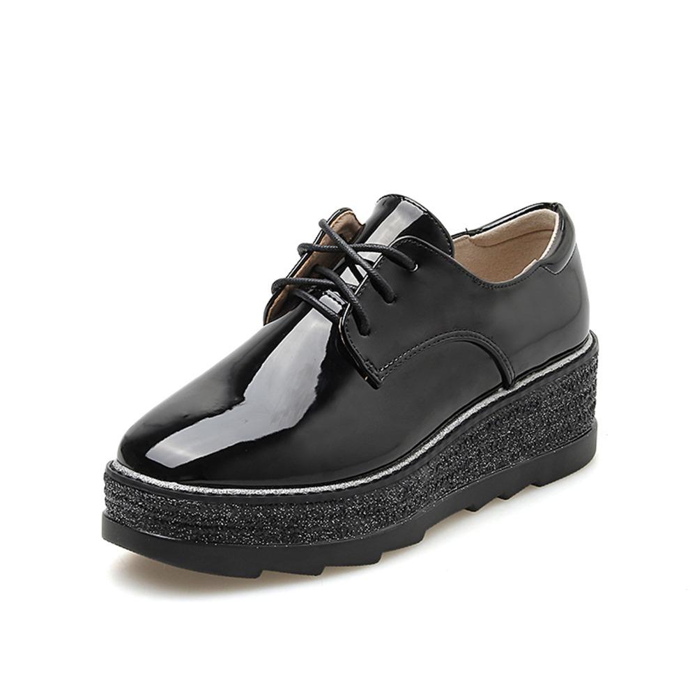 2026 New Women Round Toe Deep‑Cut Patent Leather Lace‑Up Wedge Platform Pumps, British Style Height‑Increase Versatile Thick‑Sole Casual Leather Shoes