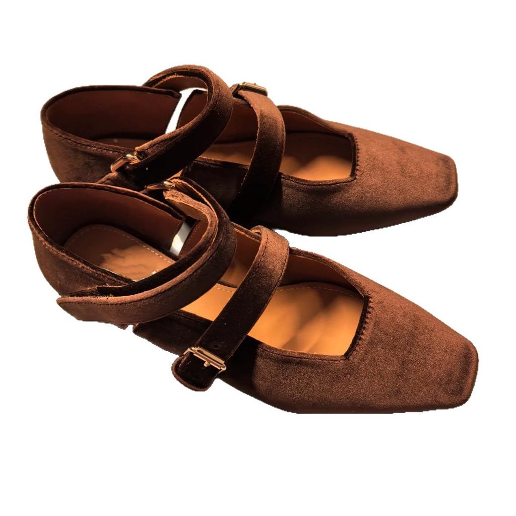 Sheepskin Version~ French Niche Temperament Velcro Square Head Shallow Mouth Mary Jane Shoes Women's 2025 Autumn New Single Shoes