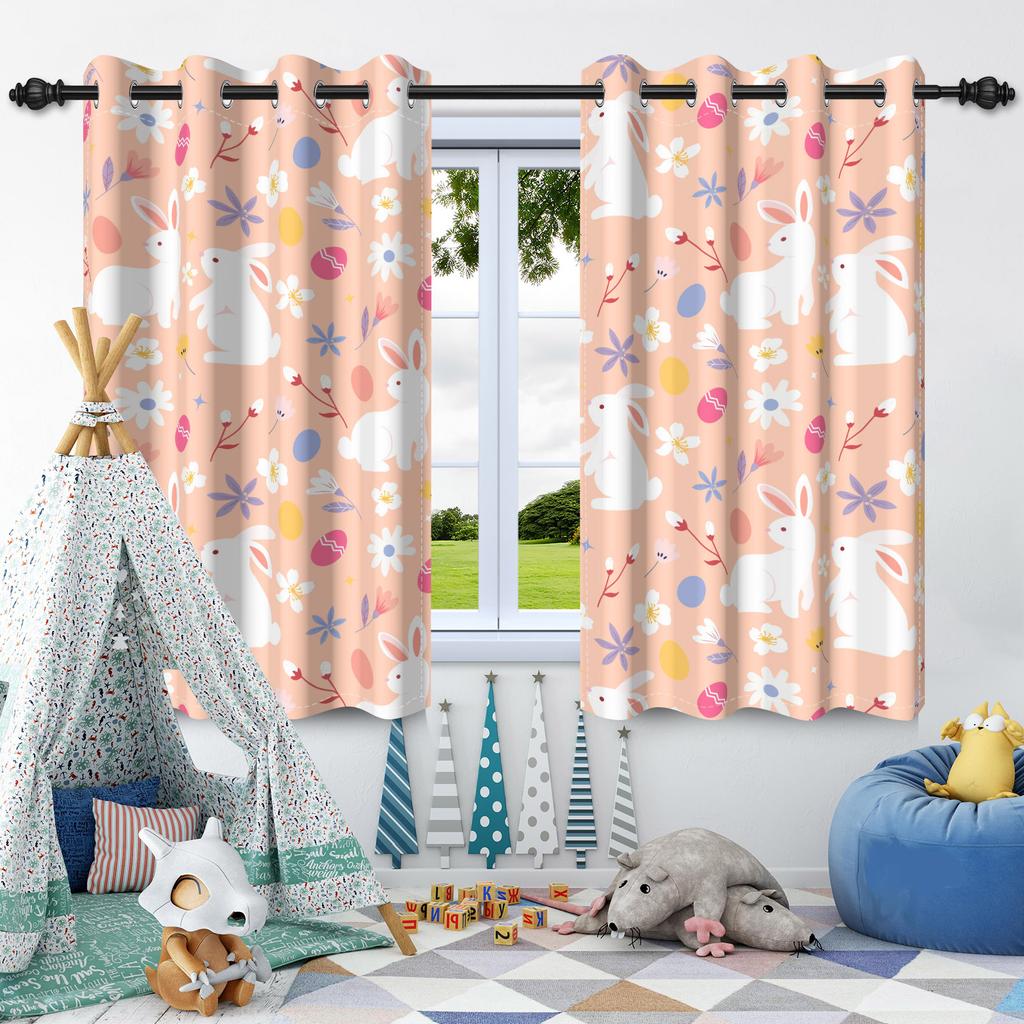 2Pcs Cute Rabbit Window Curtains Bedroom Living Room Thermal Insulation Blackout Drapes Home Decor Washable Polyester Material