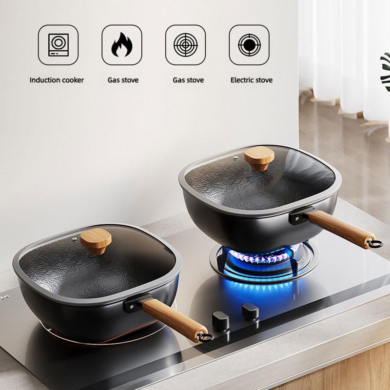 New 24cm Square Refined Iron Wok Pan Non-coating Hammered Frying Pan Skillet Nonstick Flat Bottom Deep Frying Pot for All Stoves