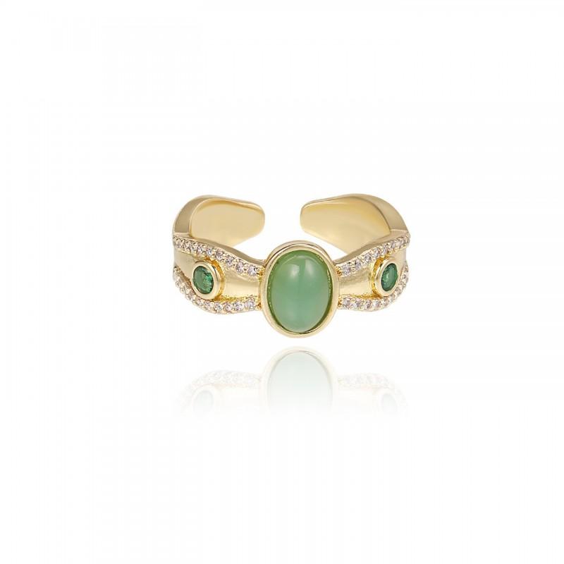 Adjustable Vintage Green Oval Ring Women Men Minimalist Boho Statement Jewelry Copper Plated Retro Style Adjustable Open Band