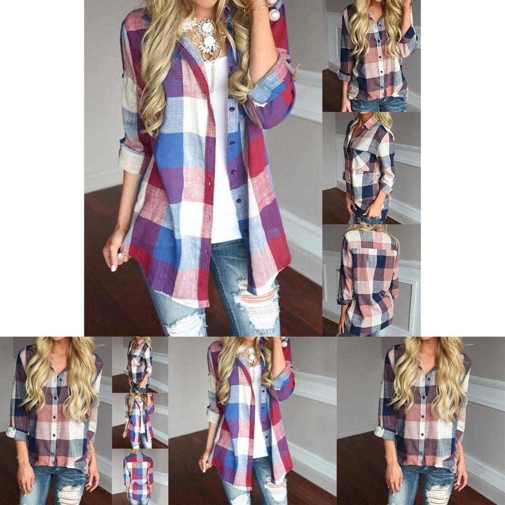 Women Long Sleeve Plaid Linen Shirt With Turndown Collar For Casual Office Wear