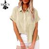 Damenmode, lässig, Sommer, Frühling, einfarbig, kurzärmelig, Polo-Ausschnitt, Blusen und Hemden