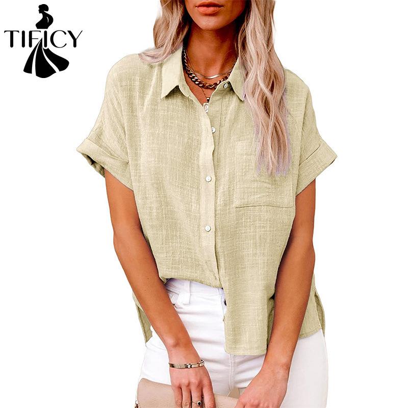 TIFICY Damenmode, lässig, Sommer, Frühling, einfarbig, kurzärmelig, Polo-Ausschnitt, Blusen und Hemden