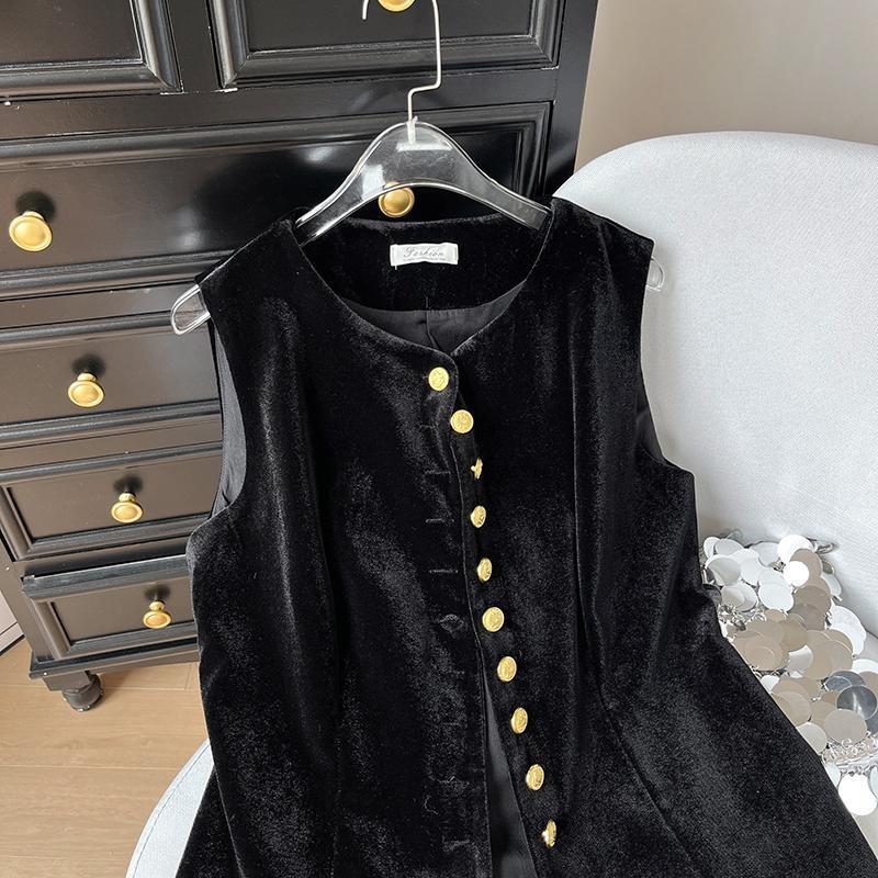 Retro simple vest women's velvet top round neck sleeveless button-up vest