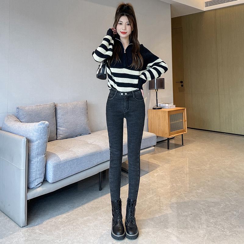 Women's High Waist Stretchy Fluffy Denim Skinny Pants - Winter/Autumn