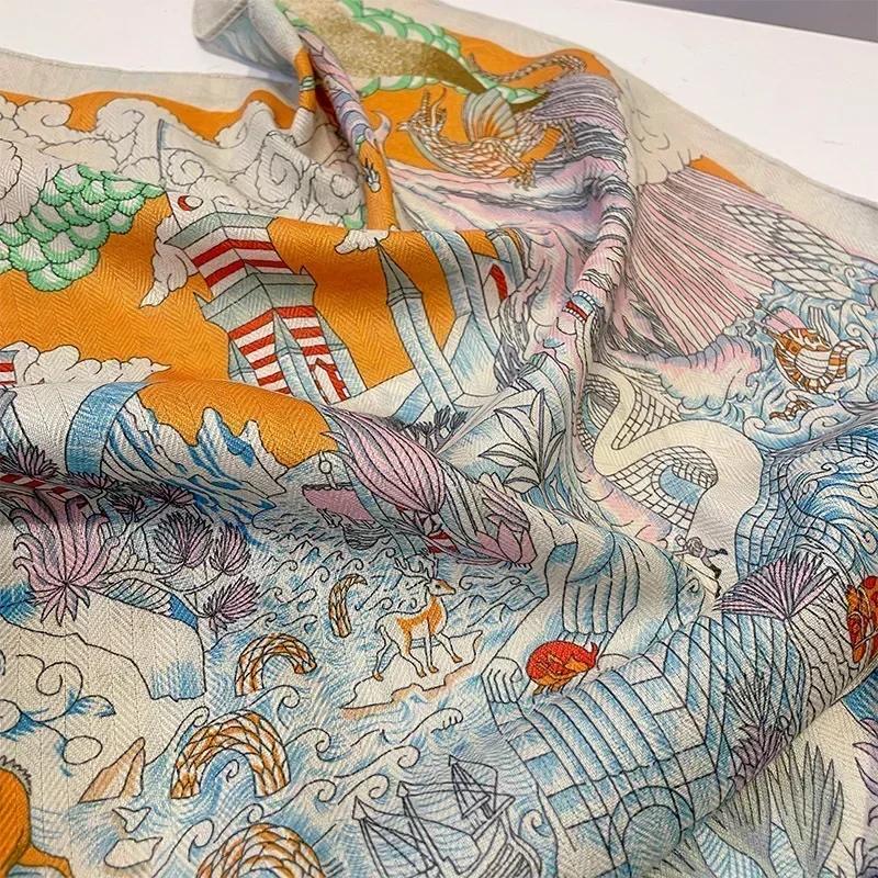 2024 Luxury Animals Floral Print 70cm Cotton Velvet Square Scarf for Women Soft Neckerchief Lady Hijab Neck Tie Hair Headbands