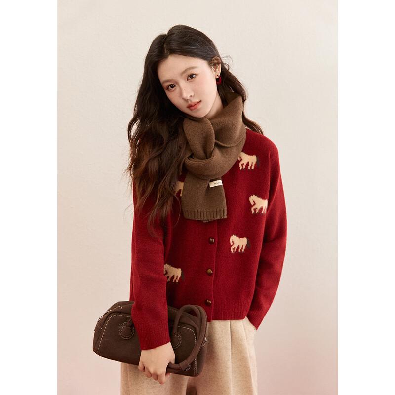 Women s Festive Red Pony Jacquard Knit Sweater One Size