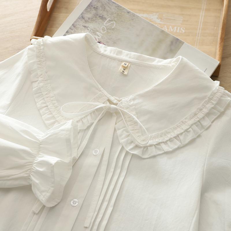 2024 Fall Collection: Women's Versatile Artistic Pure Cotton White Shirt with Big Collar, Long Sleeves, Accordion Pleats, and Tie-up Design
