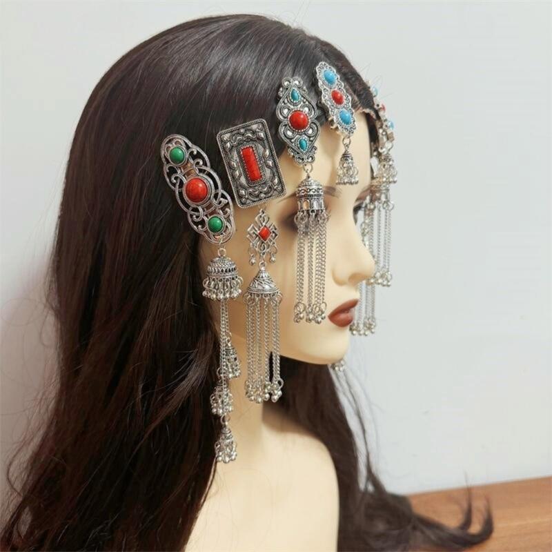 Handmade Mongolian Styles Alloy Tassels Hair Clip Ornament with Vintage Rhinestones Designs for Women Seek Unique Charm