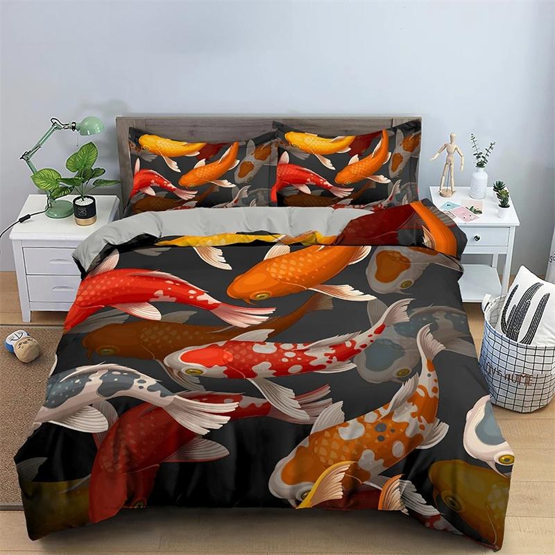 Goldfish Duvet Cover King/Queen Size Golden Red 3D Animal Bedding Set for Kid Teen Adult,Fish Themed Quilt Cover with Pillowcase