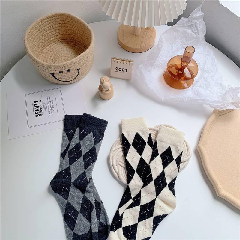 Calzini da donna a mezza gamba con motivo argyle, Primavera/Autunno, Stile Giapponese Retrò Color Caffè