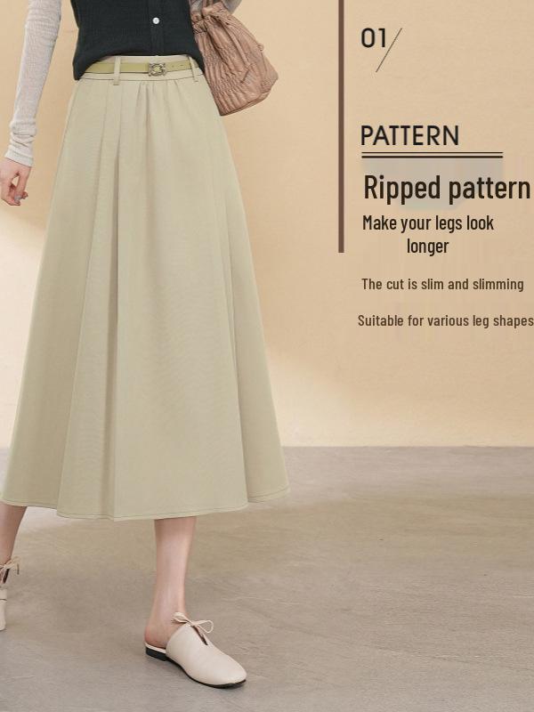 Women's Tencel Wool A-line Midi Skirt, High Waist, Hip-Covering, Pleated, Spring/Autumn 2025