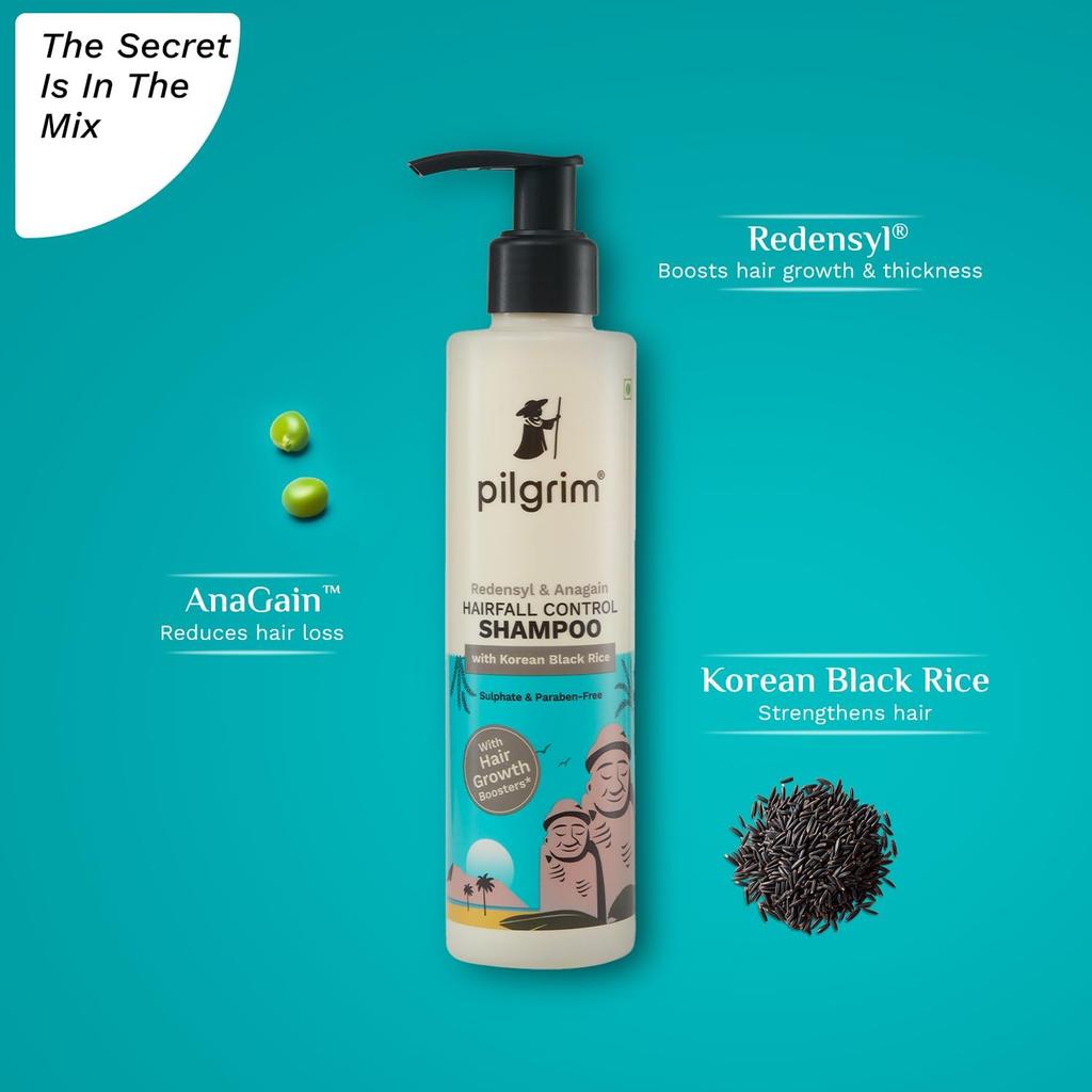 Pilgrim Redensyl & Anagain Hairfall Control Shampoo with Korean Black Rice 200ml (Pack of 2) | Anti Hairfall shampoo for Men & Women | Reduces Ha