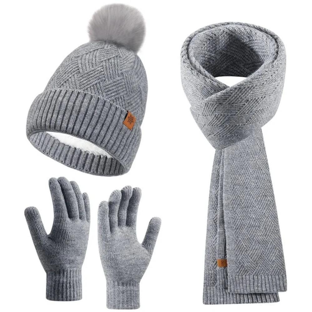 3pcs Wool Hat Scarf Gloves Set Solid Color Winter Beanie Hat Neck Warmer Thermal Knit Cap  Winter