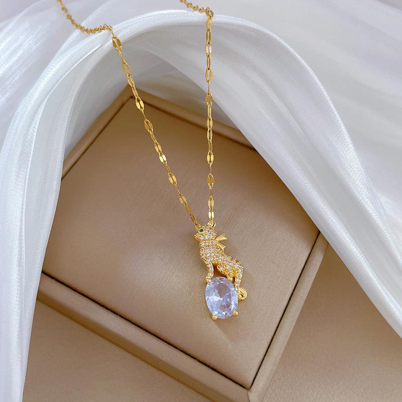 Full Diamond Leopard Light Luxury Temperament Full Diamond Necklace Female Versatile Collarbone Chain Titanium Steel Chain