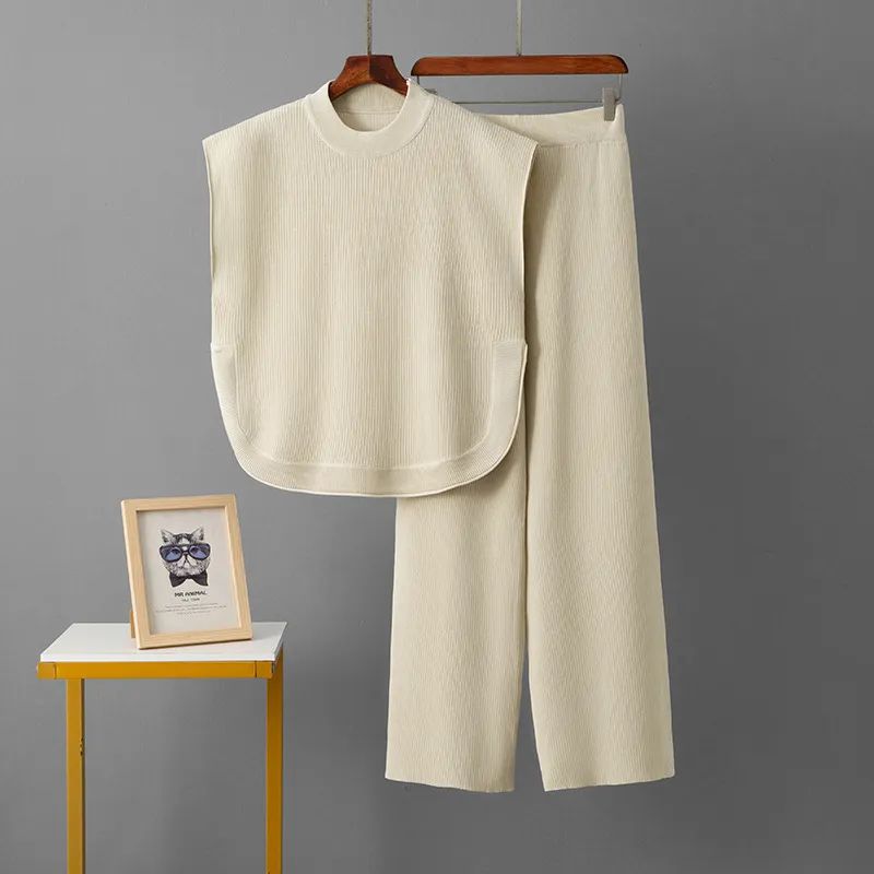 

Cross-Border European and American Summer New Simple Fashion Loose Sleeveless Knitting Waistcoat Top Loose Pants Knitted Two-Piece Women Apricot color One size
