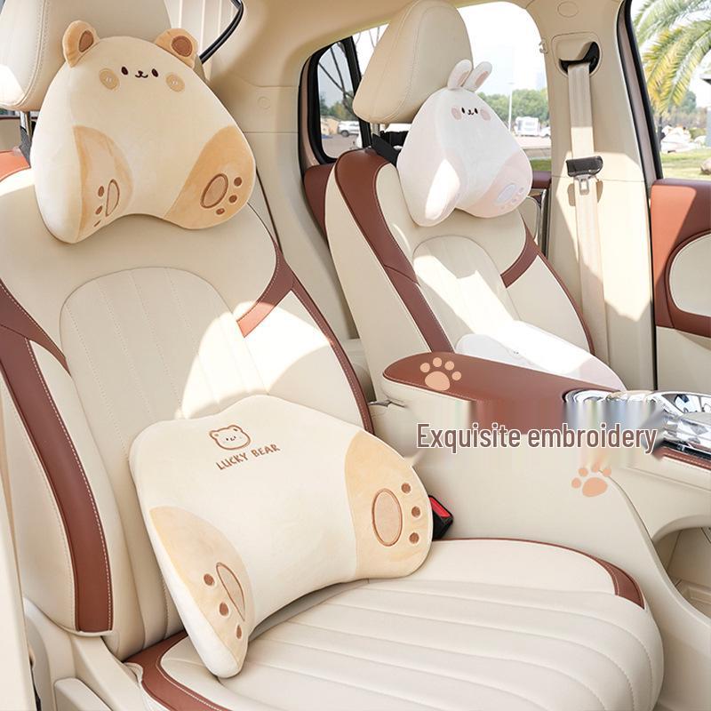 Car Headrest Neck Support Pillow Pair, Cute Bear & Rabbit Memory Foam Plush Lumbar Support Backrest.