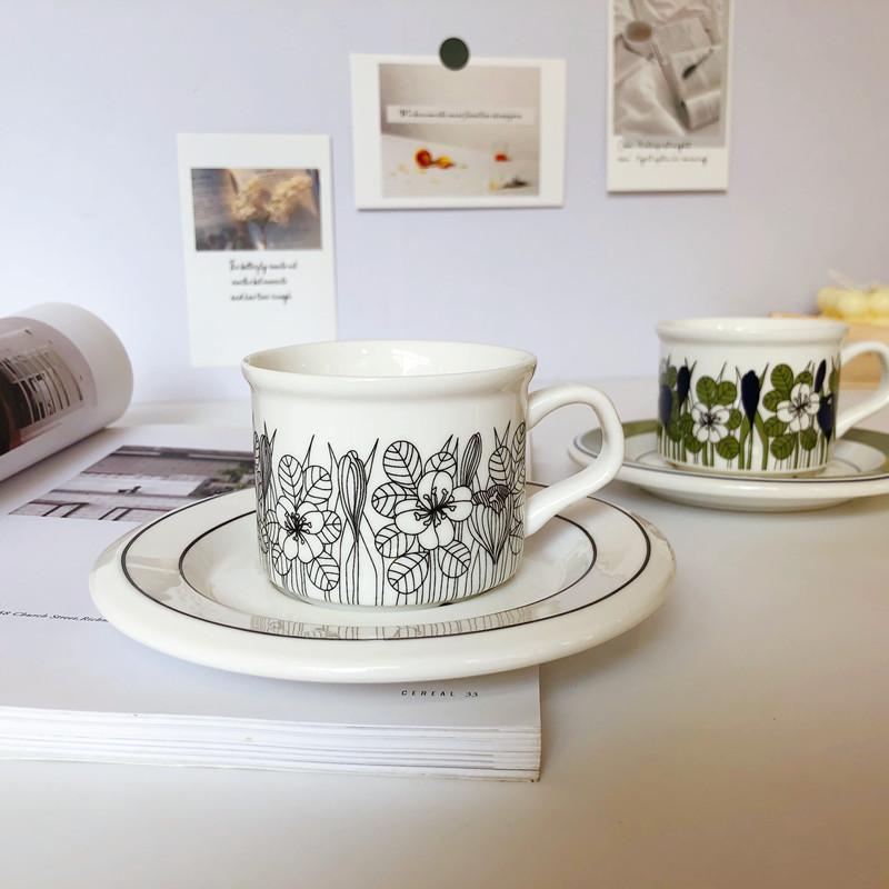 Medieval Flower Vanilla Ceramic Coffee Cup and Saucer Handle Retro Imitation Enamel Mugs Office Home Funny Water Drinkware