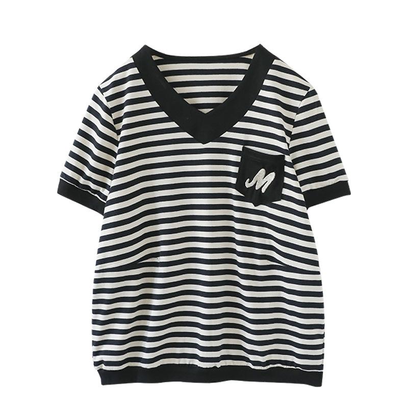 Striped V-Neck Short Sleeve T-shirt Women's Loose Casual Summer Tee with Pocket Plus Size