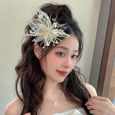 Fairy Sequin Lace Feather Hair Clip Mesh Floral Flower Hairpin Edge Clip Beads Bridal Wedding Headwear Girl/Women
