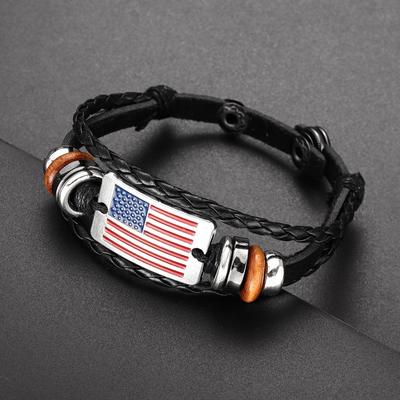 Fashion Pop American Flag Pattern Bracelet Retro Multi-layer Woven Leather Simple Bracelet Punk Party Family Friends Holiday Gif