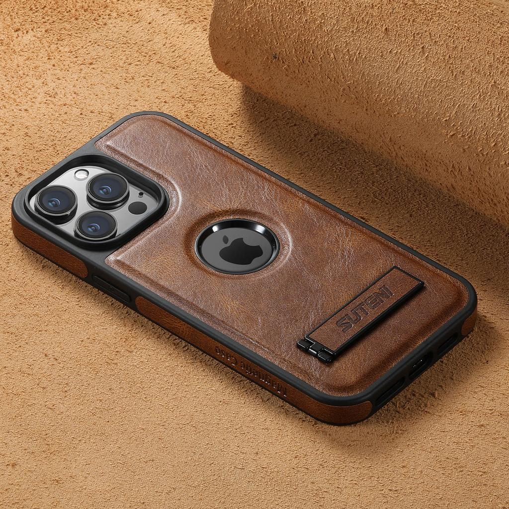 For iPhone 15 14 13 12 Pro Max Leather Case, [Compatible with Mag-safe] Built-in Invisible Stand Protective Slim Kickstand Cover