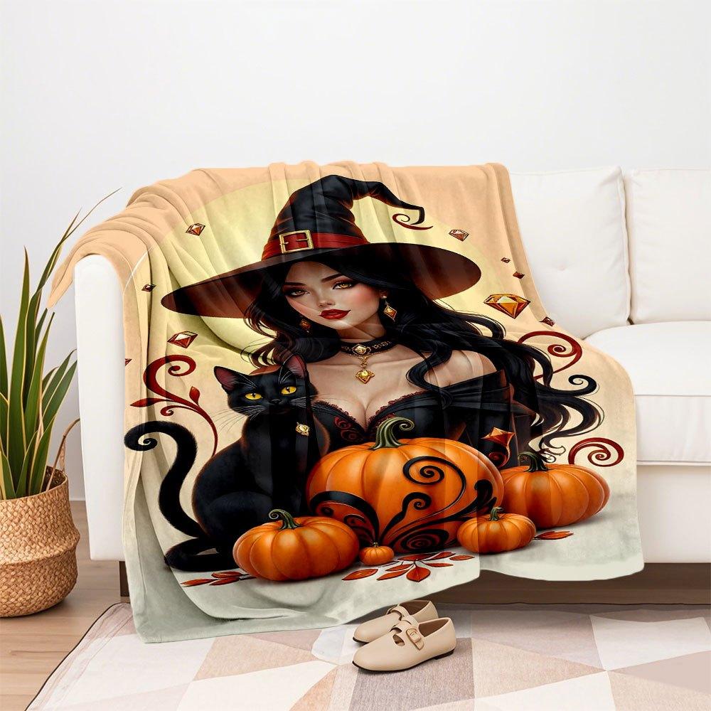 Halloween Witch with Black Cat and PumpkinsBlanket Flannel Throw Blanket for Sofa, Bed, Travel, Camping, Office, Couch, Chair