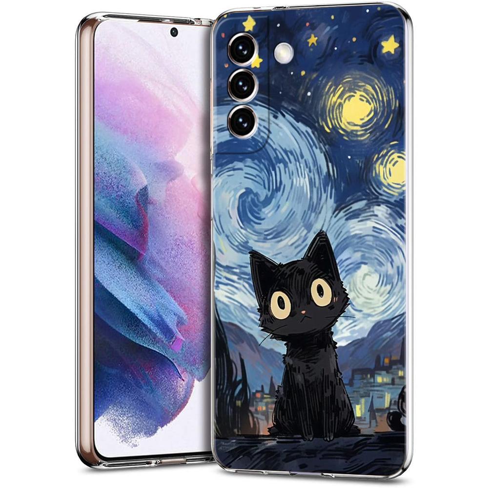 Artistic Black Cat Starry Night Phone Case For Samsung Galaxy S24 Ultra S23 FE S22 S20 S21 5G S10 S9 Plus S10E S8 Clear Cover