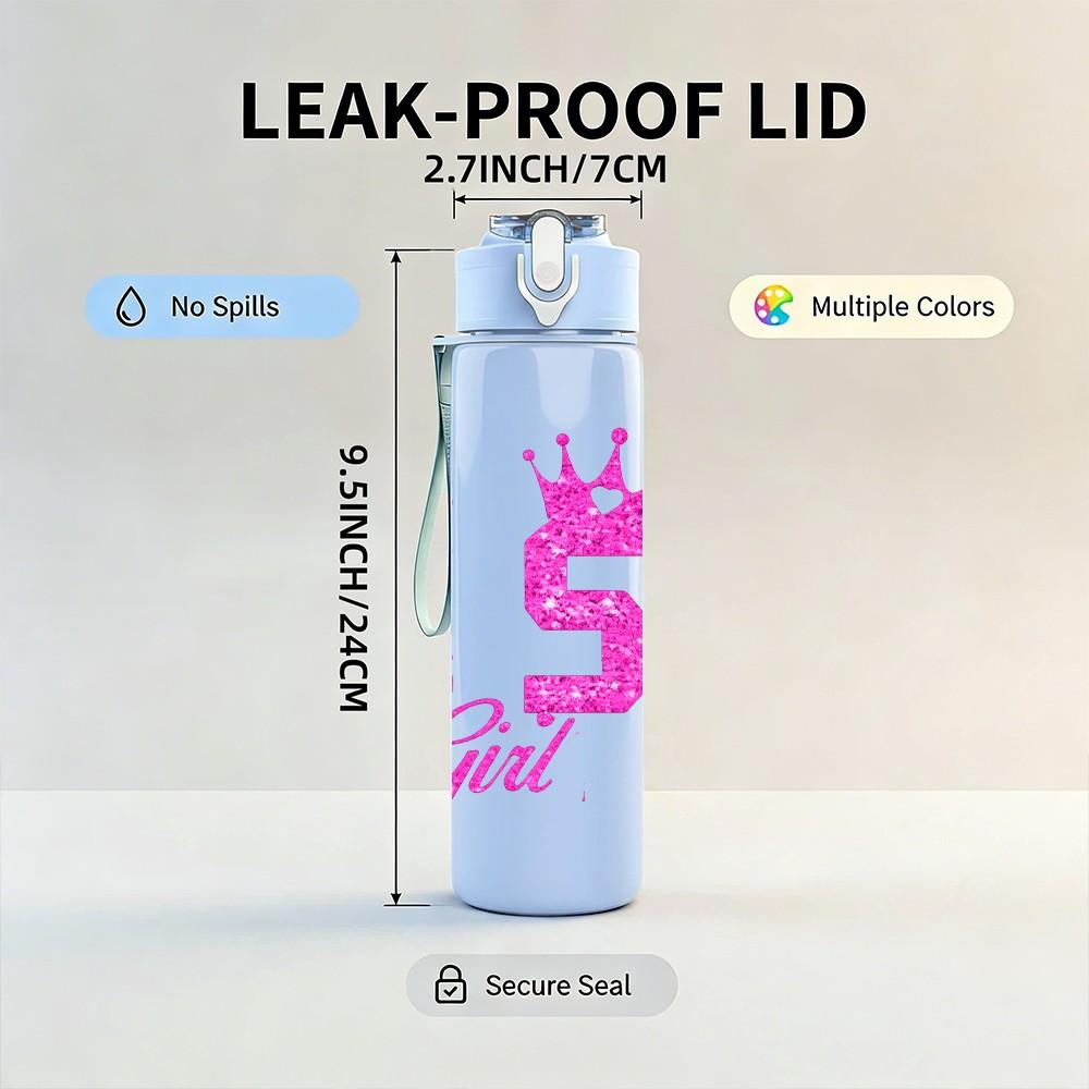 1PC 5 Birthday Girl Pink Crown Print 750ml Color Plastic Sports Water Bottle Leakproof Flip Straw Lid Suitable for Sports Office Home Use
