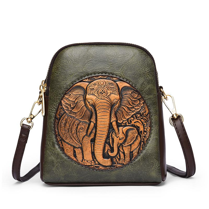 Women's Embossed Elephant Design Crossbody Bag Vintage Leather Shoulder Bag for Daily Use