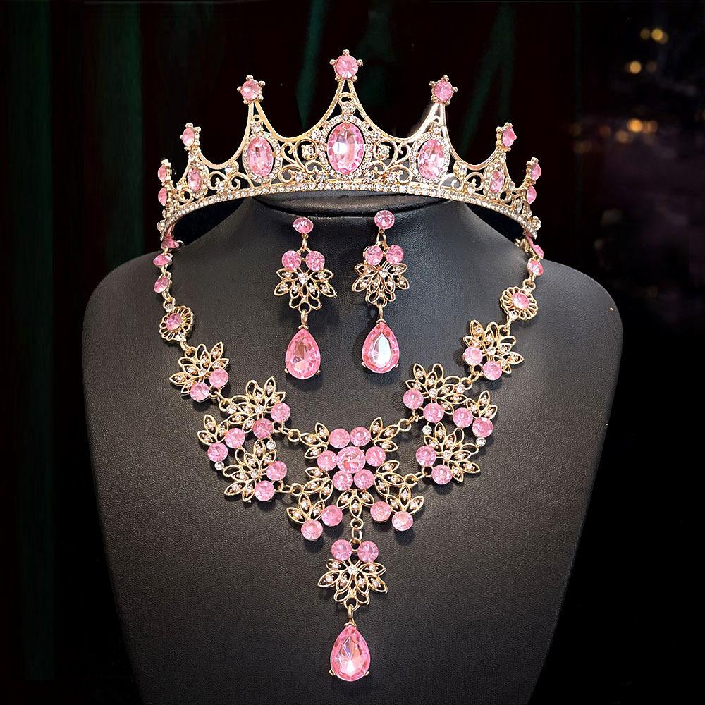 Retro Rhinestone Crown Headwear Three Piece Set Fashionable and Super Shiny Bride Headwear Set Birthday Crown Necklace for Women