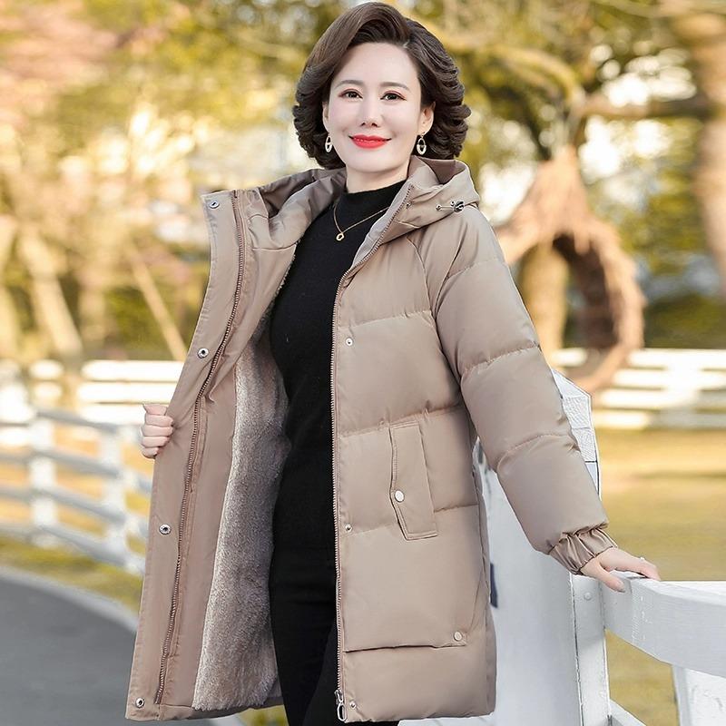 

Winter Cotton Padded Jacket Hooded Fleece Thick Parkas Warm Loose Long Overcoat Middle Aged Coat 5XL кавовий