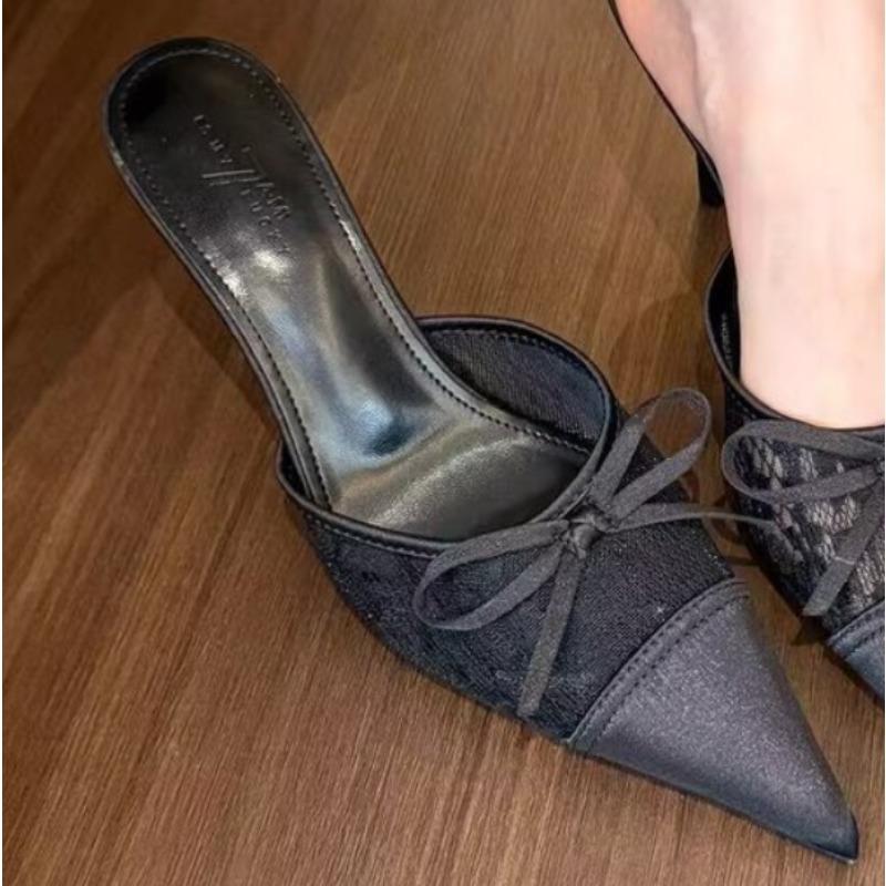 New Style Popular Mesh Embroidered Flowers Thin Heels Sandals Women Summer Sexy Slingback Pointed Toe Pumps Dress Shoes Sandals