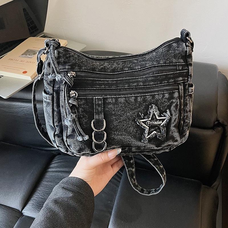 Denim Bag Multi-zipper Retro Crossbody Bag Middle-aged Mother Bag