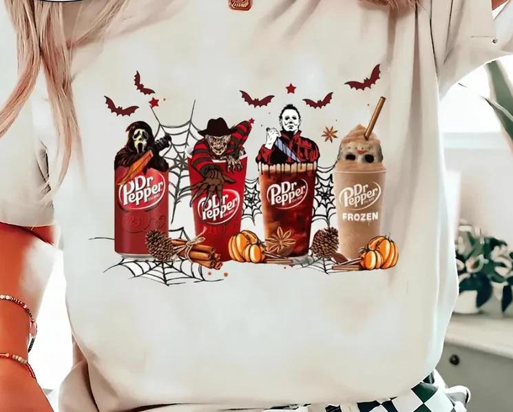 Dr. Pepper Horror Movie Characters Halloween Shirt, Spooky Soda Lover Fall Tee 4XL