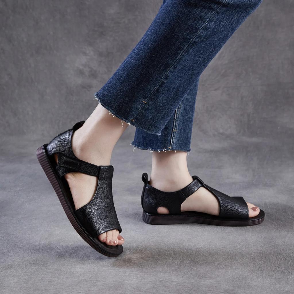 Johnature Retro Genuine Leather Peep Toe Flat Sandals Versatile Casual Soft Soled Beach Shoes