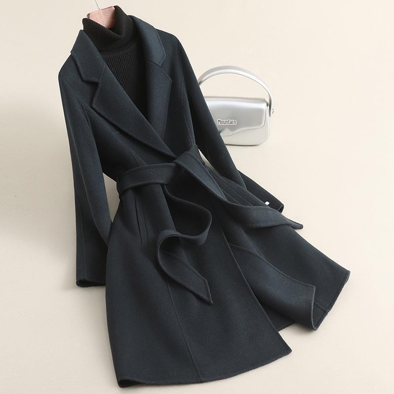 Γυναικείο Ανοιξιάτικο Υψηλής Ποιότητας Μεσάτο Μάλλινο Παλτό - Διπλής Όψης, Χωρίς Κασμίρ, Σχέδιο που Σμιλεύει τη Μέση