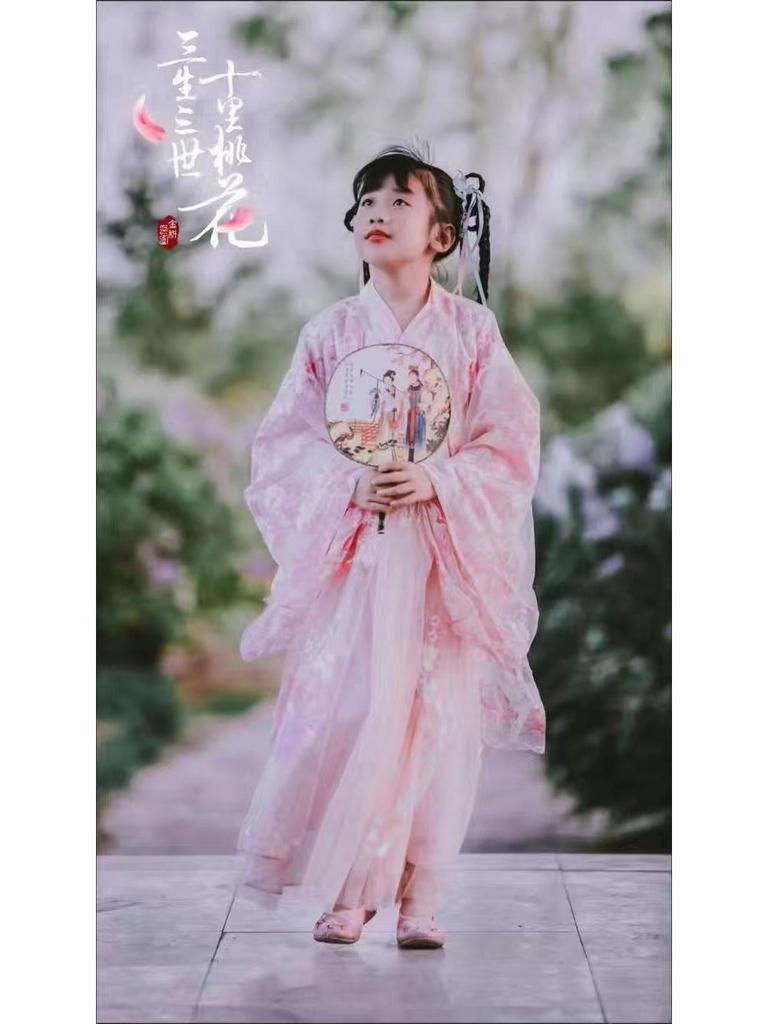 Hanfu Girls' Cherry Blossom Ruqun Dress - Long Sleeve Ancient Chinese Style for Spring & Autumn