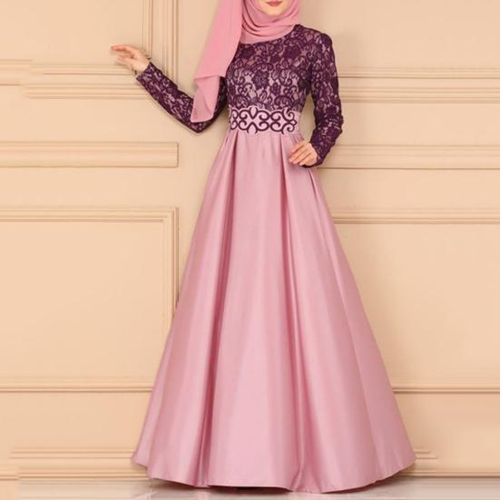 Vintage muslimské ženy krajkové patchworkové šaty Dubaj Kaftan bez hidžábu s dlouhým rukávem